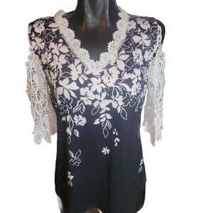 Floral Lace Cold Shoulder Top M